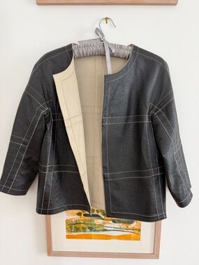 Lafayette 148 100% leather black/tan 3/4 sleeves open front M